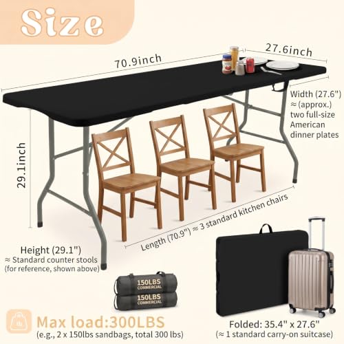 Folding Table 6 FT Lightweight Camping Table Black Portable Plastic Rectangular Outdoor Dining Table Steel Legs Fold