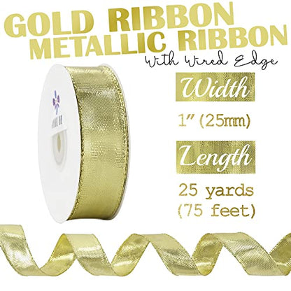 Gold Metallic Wired Ribbon 1 Inch x 25 Yards (75 Foot)