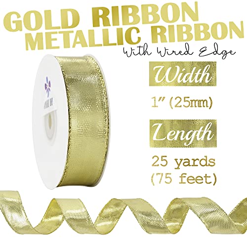 Gold Metallic Wired Ribbon 1 Inch x 25 Yards (75 Foot)