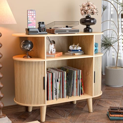Large Round Record Player Stand with Charging Station & USB Ports