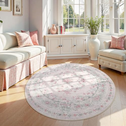 Pink Washable Round Rugs 6ft (28.27 Sq Ft)