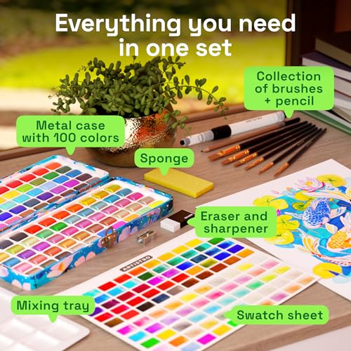 Watercolor Paint Set with Palette & Brush Pens (100 Count)