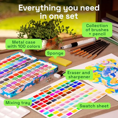 Watercolor Paint Set with Palette & Brush Pens (100 Count)