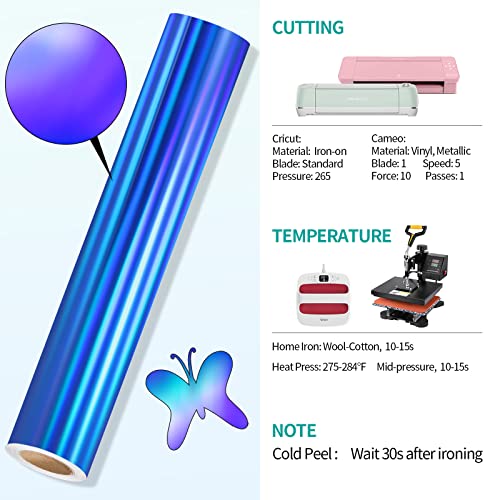 Blue Holographic Heat Transfer Vinyl 12" x5ft Blue Metallic HTV Vinyl Roll Rainbow Iron on Vinyl Easy to Cut & Weed DIY Heat Press Design for T
