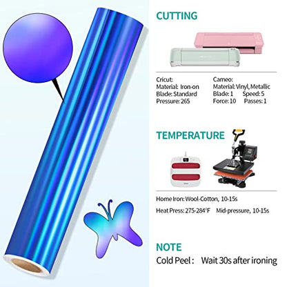 Blue Holographic Heat Transfer Vinyl 12" x5ft Blue Metallic HTV Vinyl Roll Rainbow Iron on Vinyl Easy to Cut & Weed DIY Heat Press Design for T
