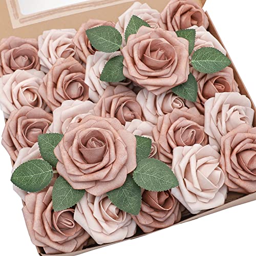 Artificial Flowers 25pcs Real Looking Warm Taupe & Nude Foam Fake Roses with Stems for DIY Wedding Bouquets Bridal Shower Centerpieces Floral Arrangements Party Tables Home Decorations (25 Count)