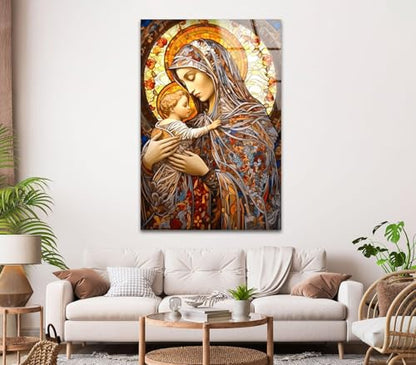 Round 31 5'' Jesus and Virgin Mary Glass Wall Art Tempered Glass Printing Wall Decor Large Wall Art Wall Hangings