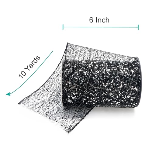 Sparkling Glitter Mesh Wired Ribbon 6" x 10 Yards Black for Christmas Home Decor Bow Gift Wrapping DIY Crafts Wreath (30 Foot)