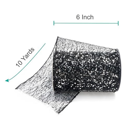 Sparkling Glitter Mesh Wired Ribbon 6" x 10 Yards Black for Christmas Home Decor Bow Gift Wrapping DIY Crafts Wreath (30 Foot)