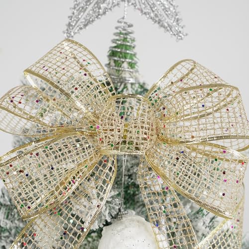 Champagne Gold Glitter Christmas Ribbon 2.5 Inch Square Mesh Net Wired Ribbons with Rainbow Sparkle Champagne Ribbon for Christmas Tree Decoration (30 Foot)