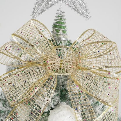 Champagne Gold Glitter Christmas Ribbon 2.5 Inch Square Mesh Net Wired Ribbons with Rainbow Sparkle Champagne Ribbon for Christmas Tree Decoration (30 Foot)