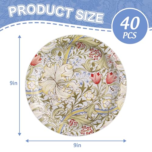 40Pcs William Morris Paper Plates Vintage Floral Decorations (40 Count)