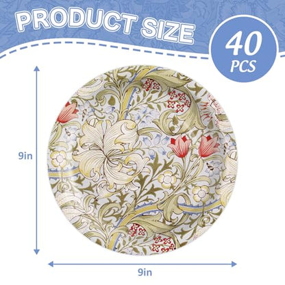 40Pcs William Morris Paper Plates Vintage Floral Decorations (40 Count)