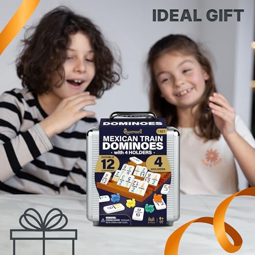 Mexican Train Dominoes Set with Numbers and 4 Holders