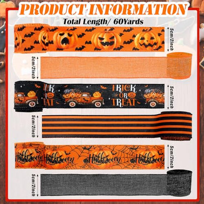 12 Rolls 60 Yard Halloween Wired Ribbon for Wreaths Crafts Bows (12 Count)