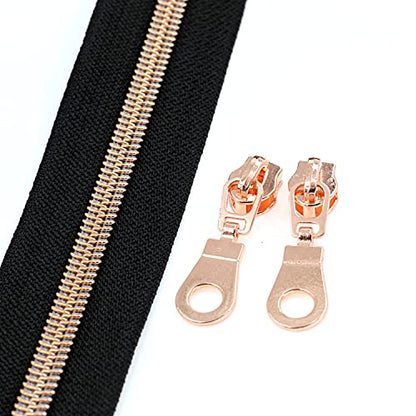 5 Rose Gold Metallic Nylon Coil Zippers by The Yard Bulk 10 Yards Black Tape with 25pcs Rose Gold Sliders for DIY Sewing Tailor Craft Bag (10 Yards Count)