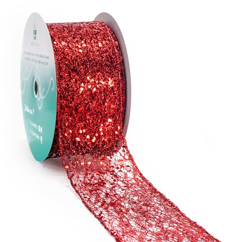 Sparkling Glitter Mesh Wired Ribbon 2.5" x 20 Yards Red for Christmas Home Decor Bow Gift Wrapping DIY Crafts Wreath (60 Foot)