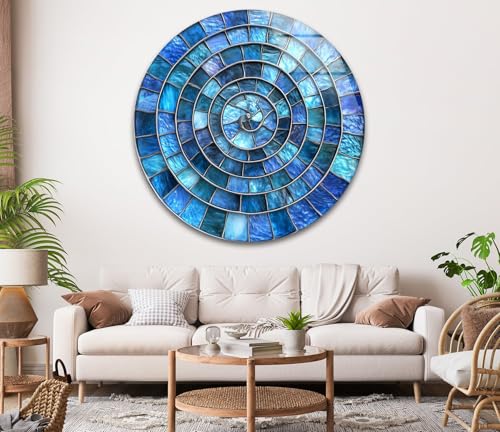 39,4''(100cm) Diameter Blue Aqua Spiral Harmony Round Glass Wall Art Tempered Glass Printing Wall Decor Large Wall Art Wall Hangings