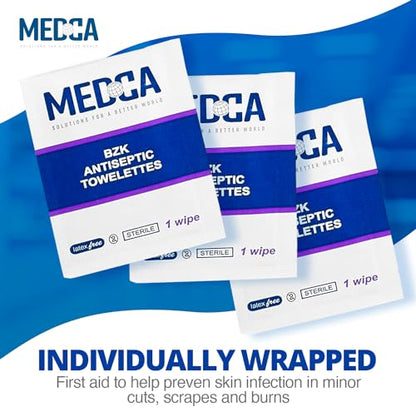 Hand Wipes – (Pack of 100) Benzalkonium Chloride Swabs Individual BZK Single-Use Packets by MEDca (100 Count)