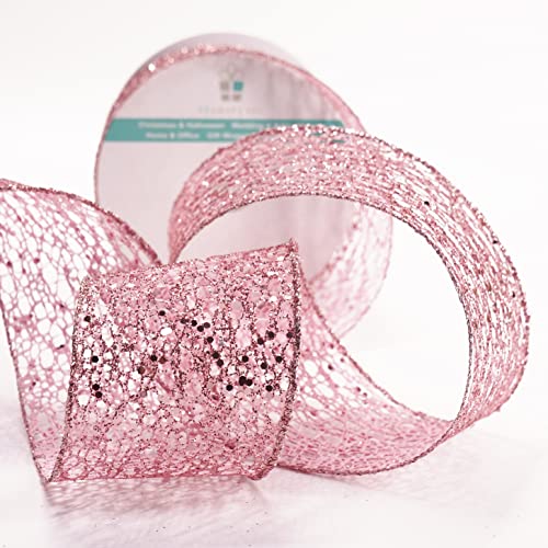 Sparkling Glitter Mesh Wired Ribbon 2.5" x 10 Yards Rose Gold for Christmas Home Decor Bow Gift Wrapping DIY Crafts Wreath (30 Foot)