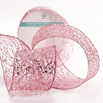 Sparkling Glitter Mesh Wired Ribbon 2.5" x 10 Yards Rose Gold for Christmas Home Decor Bow Gift Wrapping DIY Crafts Wreath (30 Foot)