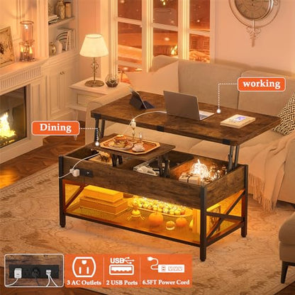 Coffee Table Lift Top with LED Light and Power Outlet