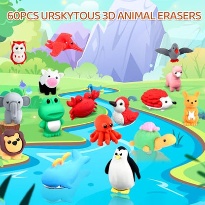 60Pcs Animal Erasers Kids Desk Pets Pencil Erasers 3D Puzzle Bulk Mini Animal Eraser Toys Fun Cute Eraser for Classroom Rewards (60 Count)