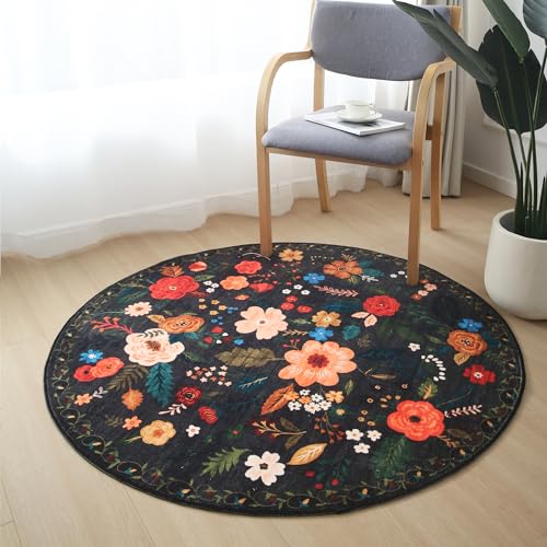 Round Rug 4ft Washable Circle Rug Non Slip Low Pile Boho Floral Small Circular Rug for Bedroom