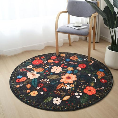 Round Rug 4ft Washable Circle Rug Non Slip Low Pile Boho Floral Small Circular Rug for Bedroom