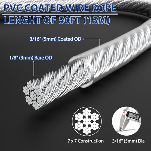 3/16" Cable, 50 ft PVC Coated Steel Cable with 7×7 Strand Core (50 Foot)
