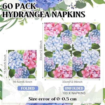 60 Pcs Hydrangea Cocktail Paper Napkins 6.5 x 6.5 Inches