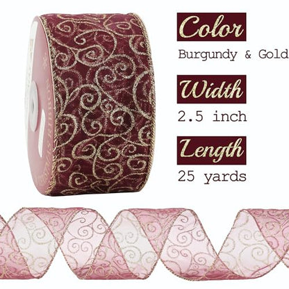 Red Gold Swirl Wired Ribbon 2.5 Inch Dark Red Sheer Ribbon with Gold Swirl Glitter Wired Organza Ribbons 25 Yards Burgundy Sheer Christmas Ribbons for Christmas Tree (75 Foot)