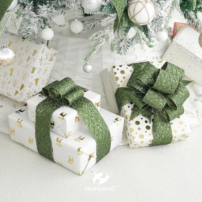 Moss Green Glitter Christmas Wired Ribbon 2.5 inch x 10 Yards (30 Foot)