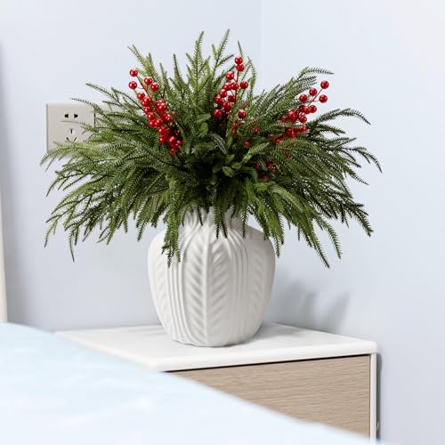 25 Pcs Christmas Norfolk Pine Branches Red Berry Stem Faux Christmas Sprigs (25 Count)