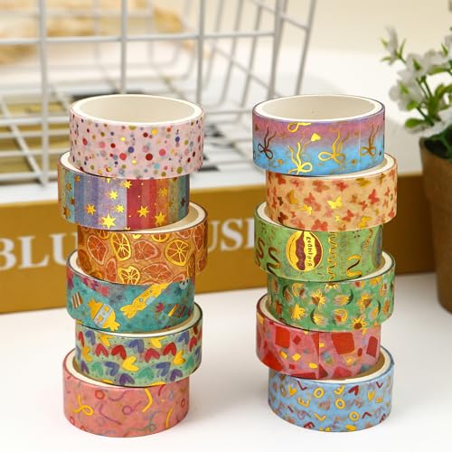 12 Rolls Charming Washi Tape Set Gold Silver Foil Detailing Arts Adhesive Tapes Basic Patterns Decorative Masking Tape Sets for Craft (12 Count)