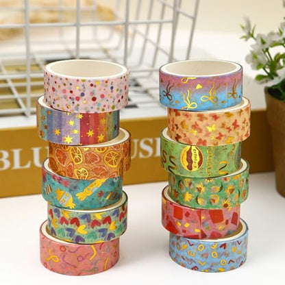 12 Rolls Charming Washi Tape Set Gold Silver Foil Detailing Arts Adhesive Tapes Basic Patterns Decorative Masking Tape Sets for Craft (12 Count)