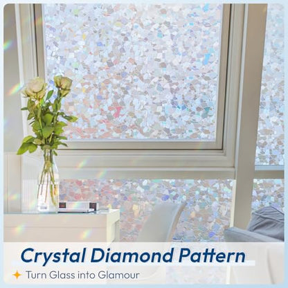 Rainbow Window Privacy Film Decorative Stained Glass Diamond Pattern Window Sticker with Iridescent Tint Non (12.92 Sq Ft)