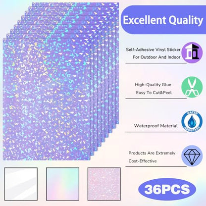 36 Sheets Holographic Sticker Paper A4 Vinyl Holographic Laminate Sheets Self Adhesive Waterproof Transparent Film (36 Count)