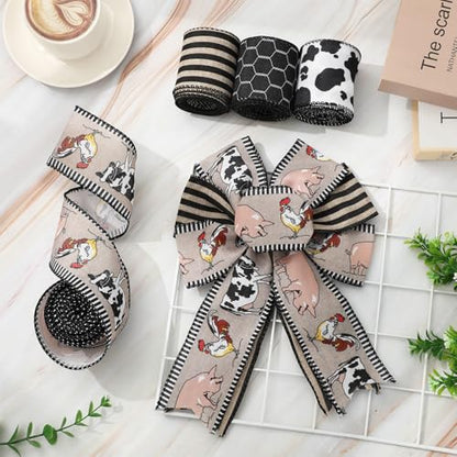 Farmhouse Animal Wired Edge Ribbons Cow Chick Pig Stripe Chicken Wire Decorative Fabric Wrapping Ribbons for DIY Crafts Wreath Bow Making Supplies (4 Count)