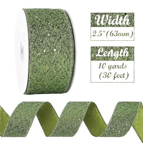 Moss Green Glitter Christmas Wired Ribbon 2.5 inch x 10 Yards (30 Foot)