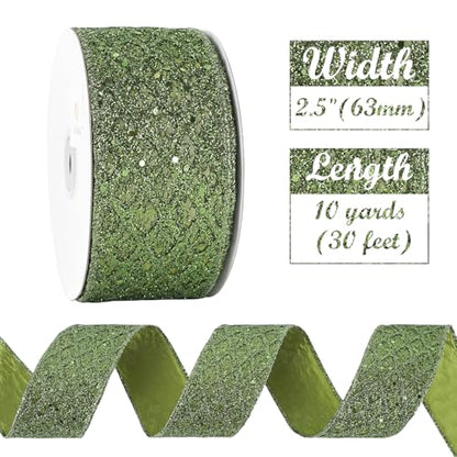 Moss Green Glitter Christmas Wired Ribbon 2.5 inch x 10 Yards (30 Foot)