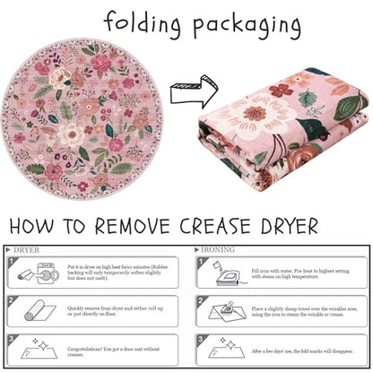 Round Rug 4ft Washable Circle Rug Non Slip Low Pile Boho Floral Small Circular Rug for Bedroom
