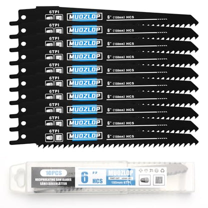10Pack 6inch 6TPI Woodcutting Reciprocating Saw Blades Set (10 Count)