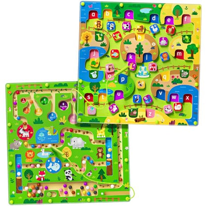 2 in 1 Magnetic Color and Number Maze Magnet Alphabet Counting Double Sided Board Wood Puzzle Fine Motor Skills Montessori Preschool Toys Gifts for Boys and Girls 3