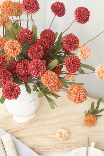 9pcs Dark Red Burnt Orange Mix Faux Silk Mums Artificial Flowers (9 Count)