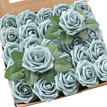 Artificial Flowers 25pcs Real Looking Dusty Blue Foam Fake Roses with Stems for DIY Wedding Bouquets Bridal Shower Centerpieces Floral Arrangements Party Tables Home Decorations (25 Count)