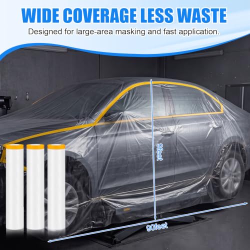 3 Roll Painters Plastic with Tape Pre Taped Masking Film for Painting Automotive Paint Adhesive Protective Film Masking Tape Roll Plastic Painting Covering