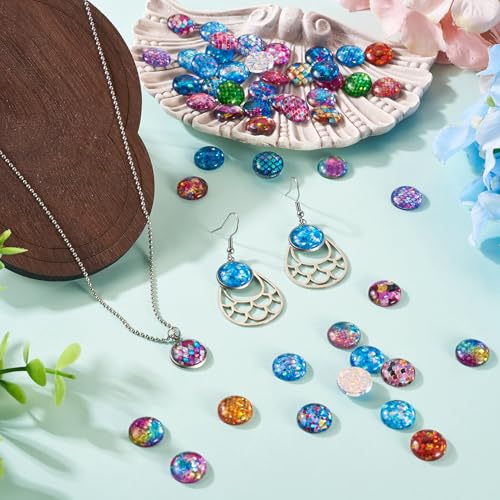 70Pcs 12mm Fish Scale Printed Glass Cabochons Mixed Colors Half Round Cameo Dome Tile Cabochon Mosaic Flatback Dome Glass Cabochon for DIY Bracelets Necklace Scrapbooking DIY Crafts