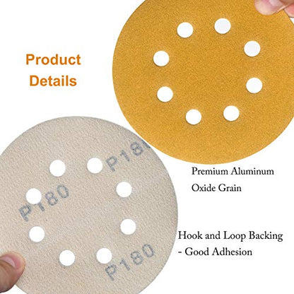 5-Inch 8-Hole Hook and Loop Sanding Discs 180-Grit, 50-Pack (50 Count)