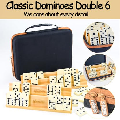 Dominos Set for Adults with 4 Domino Racks Double Six Dominoes Set in Portable Case with 4 Wooden Domino Holders in EVA Hard Case Sturdy and Easy to Carry Ideal Gift Present